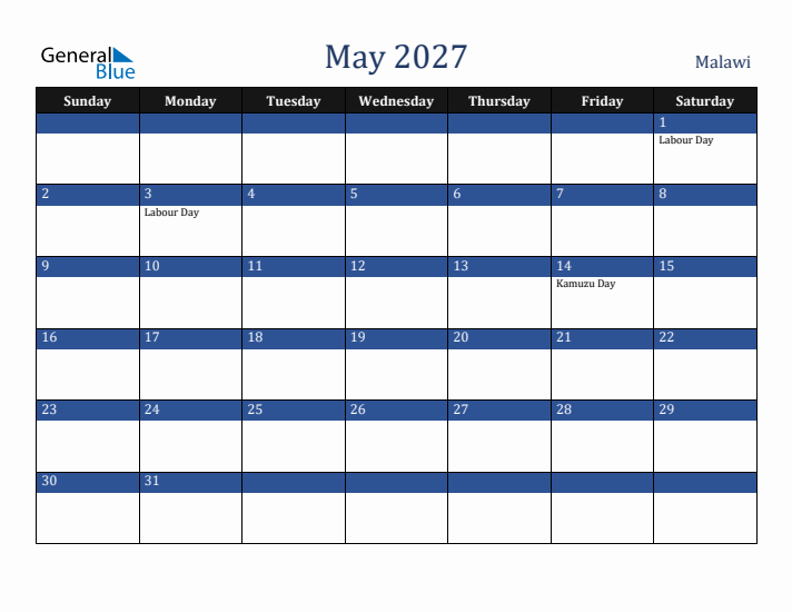 May 2027 Malawi Calendar (Sunday Start)