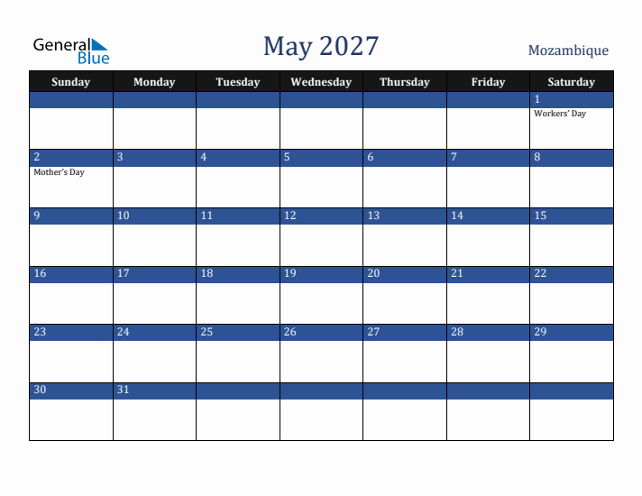 May 2027 Mozambique Calendar (Sunday Start)