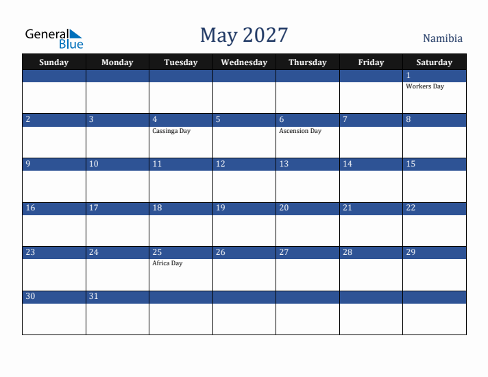 May 2027 Namibia Calendar (Sunday Start)