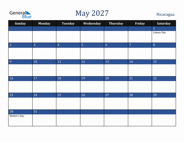 May 2027 Nicaragua Calendar (Sunday Start)