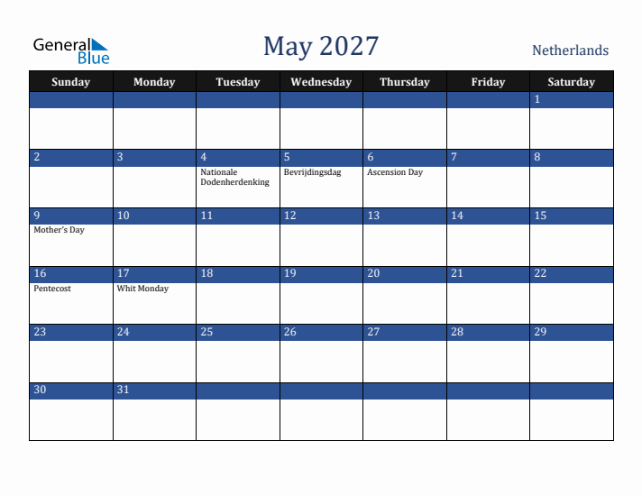 May 2027 The Netherlands Calendar (Sunday Start)