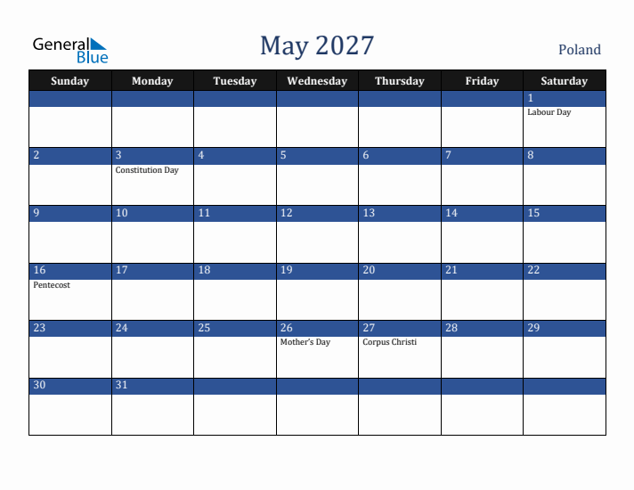 May 2027 Poland Calendar (Sunday Start)