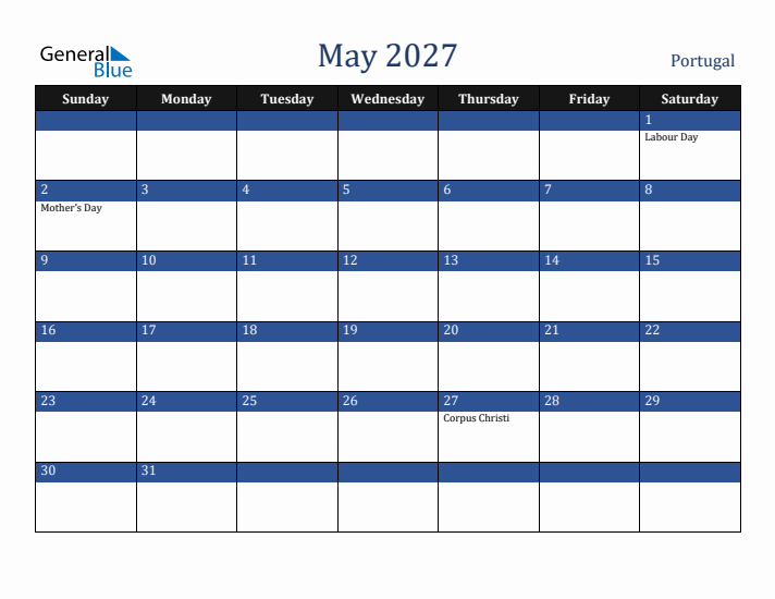 May 2027 Portugal Calendar (Sunday Start)