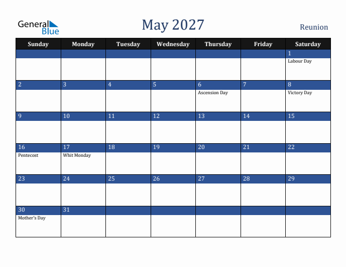 May 2027 Reunion Calendar (Sunday Start)
