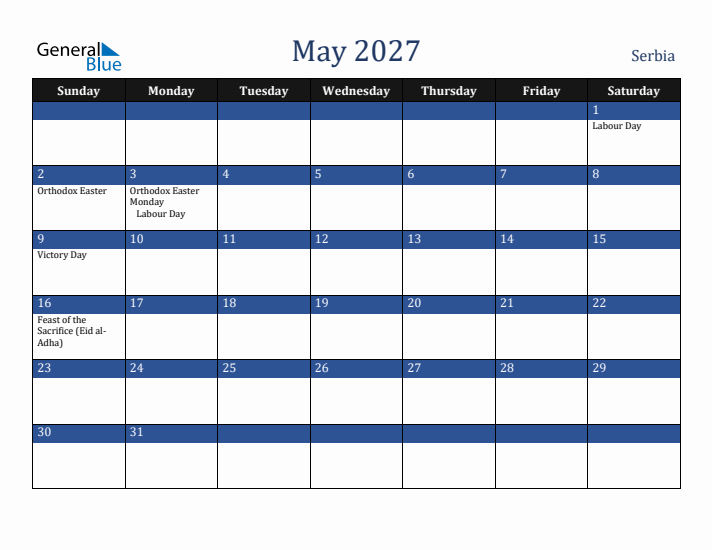 May 2027 Serbia Calendar (Sunday Start)