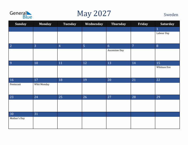 May 2027 Sweden Calendar (Sunday Start)