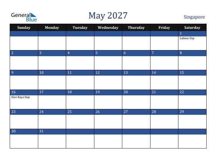 May 2027 Singapore Calendar (Sunday Start)