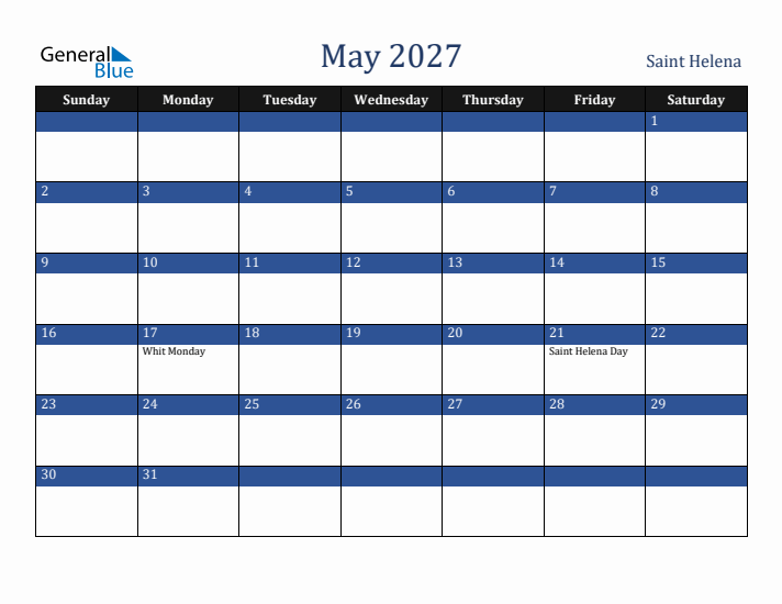 May 2027 Saint Helena Calendar (Sunday Start)