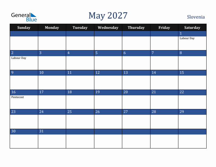 May 2027 Slovenia Calendar (Sunday Start)