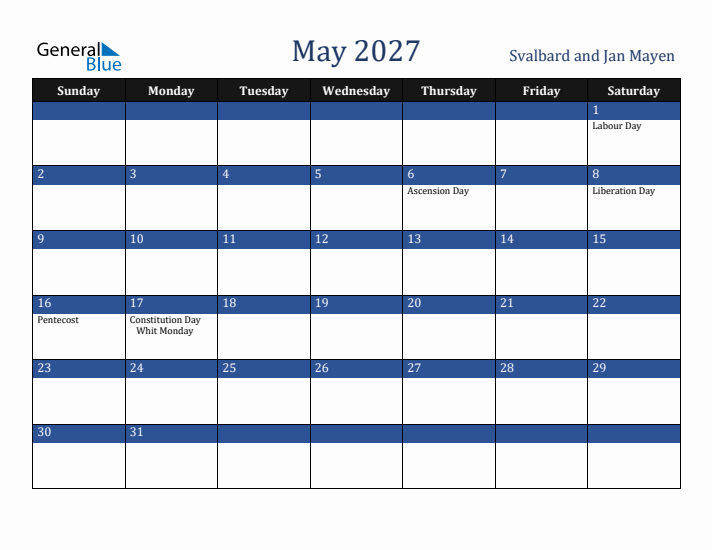 May 2027 Svalbard and Jan Mayen Calendar (Sunday Start)