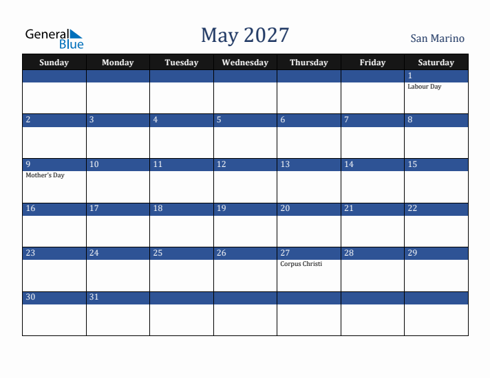 May 2027 San Marino Calendar (Sunday Start)