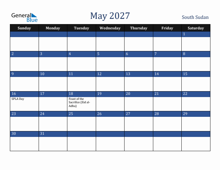 May 2027 South Sudan Calendar (Sunday Start)
