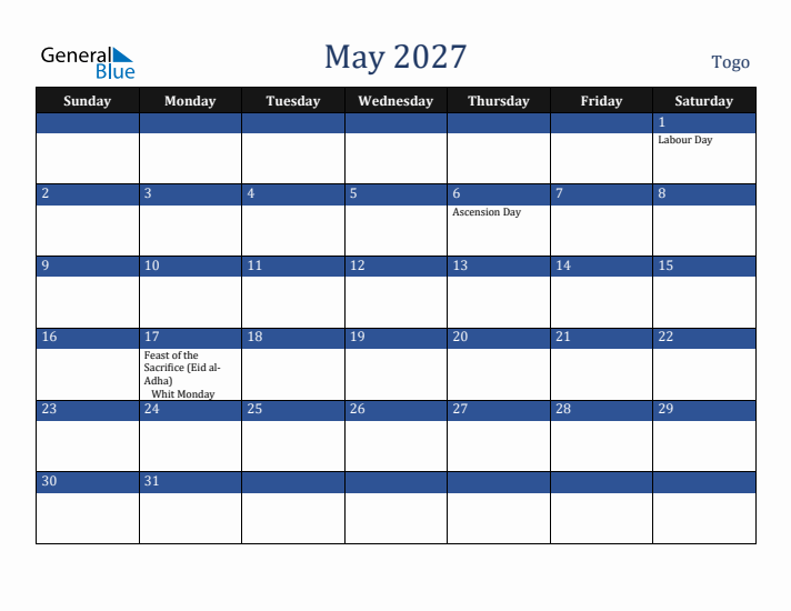 May 2027 Togo Calendar (Sunday Start)