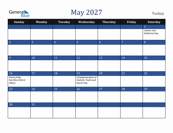 May 2027 Turkey Calendar (Sunday Start)