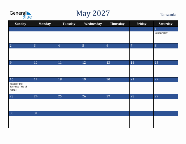 May 2027 Tanzania Calendar (Sunday Start)