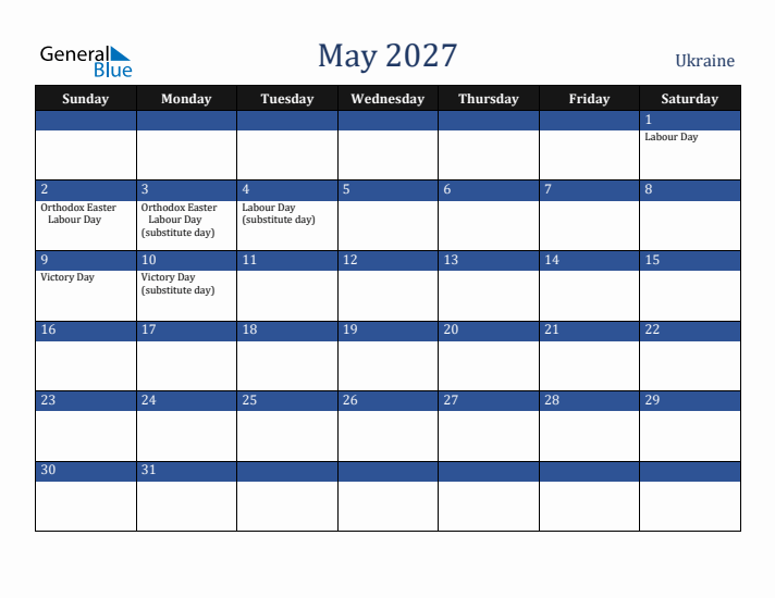 May 2027 Ukraine Calendar (Sunday Start)