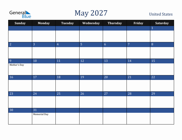 May 2027 United States Calendar (Sunday Start)