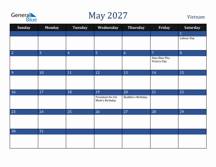 May 2027 Vietnam Calendar (Sunday Start)