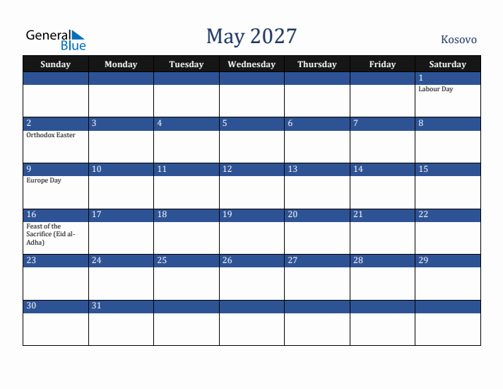 May 2027 Kosovo Calendar (Sunday Start)