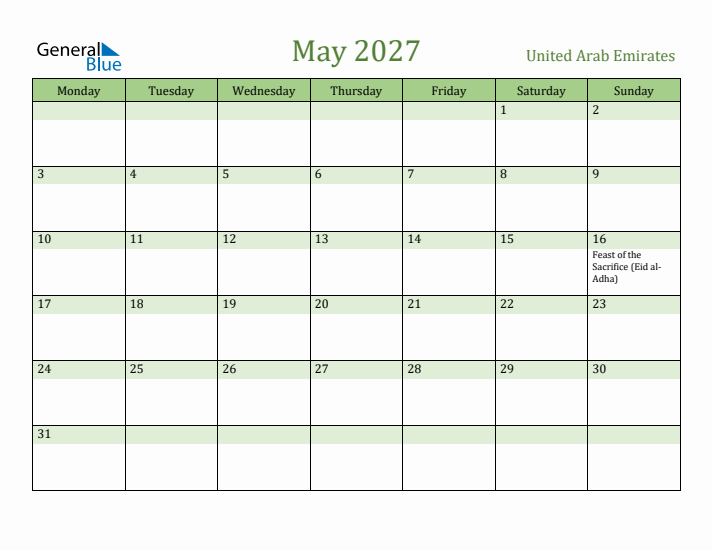 May 2027 Calendar with United Arab Emirates Holidays