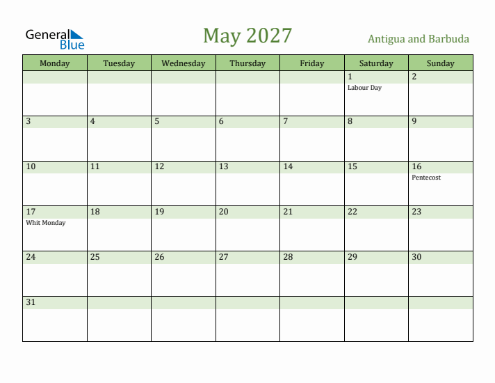 May 2027 Calendar with Antigua and Barbuda Holidays
