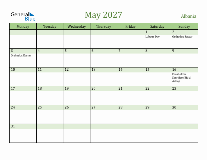 May 2027 Calendar with Albania Holidays