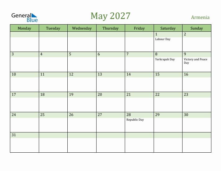 May 2027 Calendar with Armenia Holidays