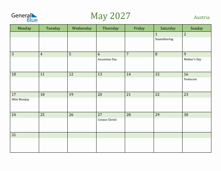 May 2027 Calendar with Austria Holidays