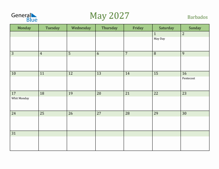 May 2027 Calendar with Barbados Holidays