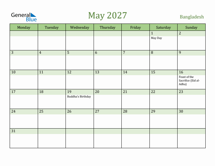 May 2027 Calendar with Bangladesh Holidays
