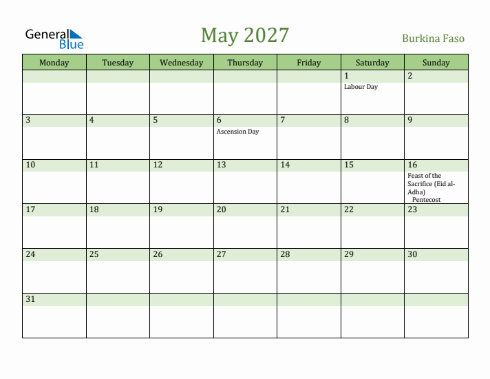 May 2027 Calendar with Burkina Faso Holidays