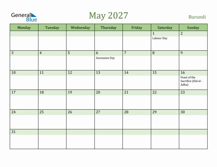May 2027 Calendar with Burundi Holidays