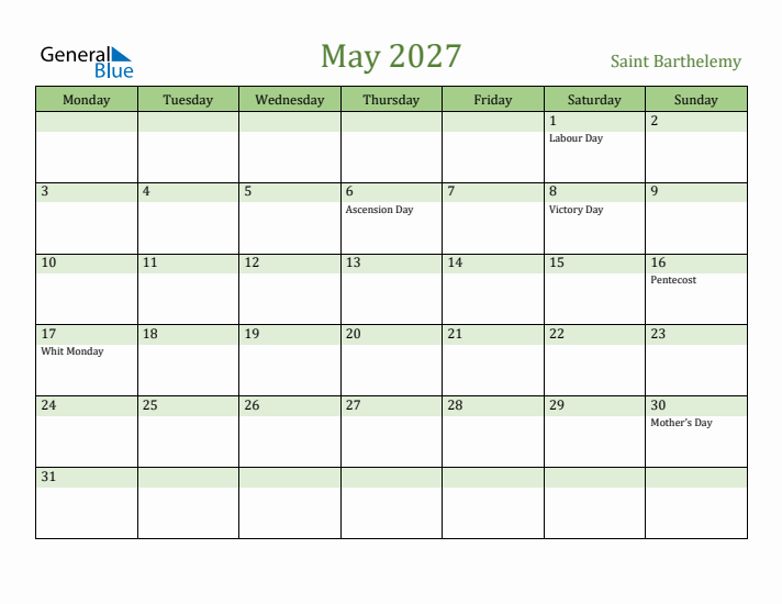 May 2027 Calendar with Saint Barthelemy Holidays