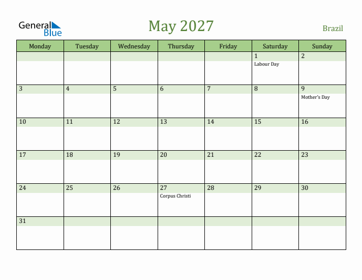 May 2027 Calendar with Brazil Holidays