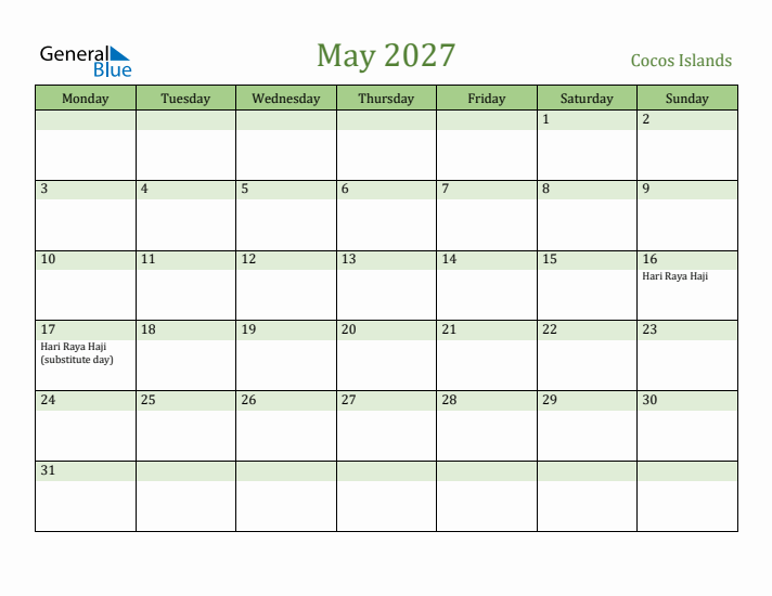 May 2027 Calendar with Cocos Islands Holidays