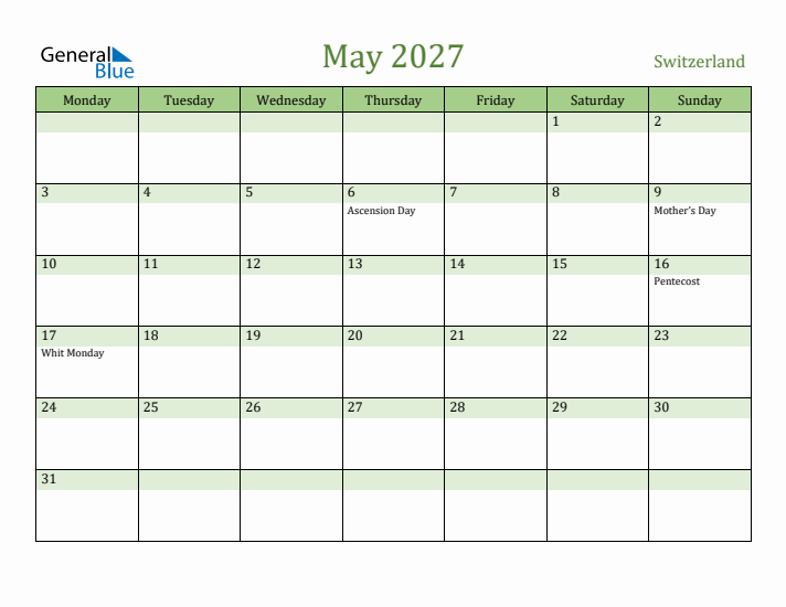 May 2027 Calendar with Switzerland Holidays