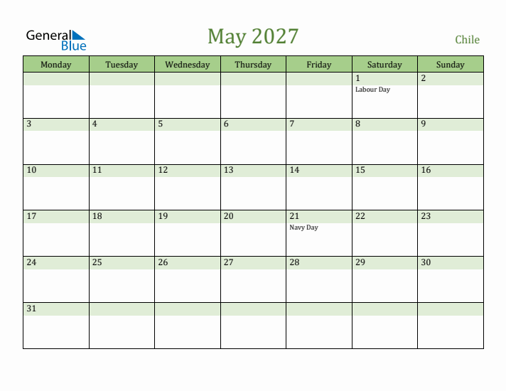 May 2027 Calendar with Chile Holidays