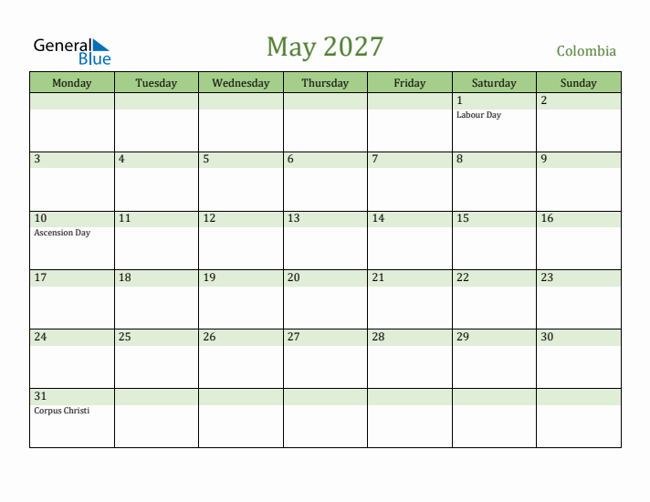 May 2027 Calendar with Colombia Holidays
