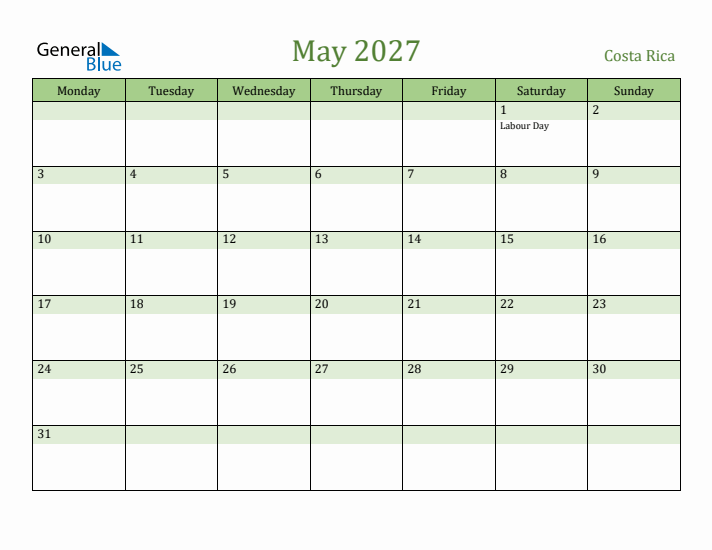 May 2027 Calendar with Costa Rica Holidays
