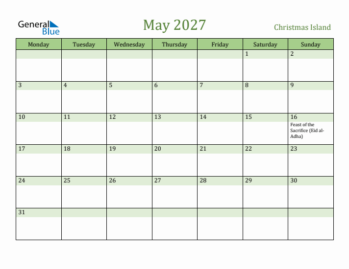May 2027 Calendar with Christmas Island Holidays