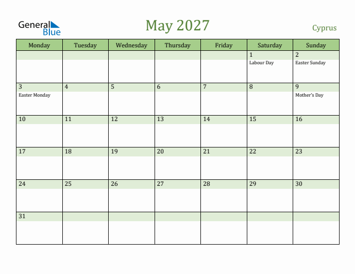 May 2027 Calendar with Cyprus Holidays