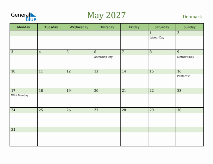 May 2027 Calendar with Denmark Holidays