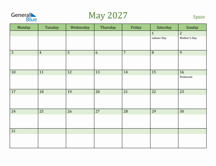 May 2027 Calendar with Spain Holidays