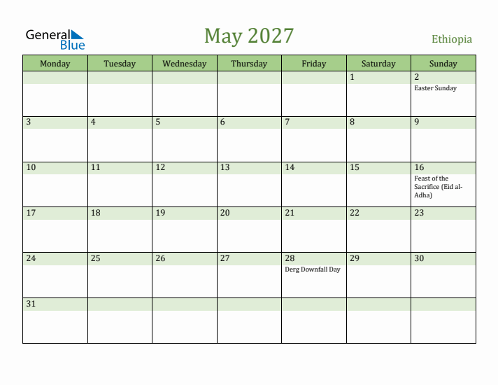 May 2027 Calendar with Ethiopia Holidays