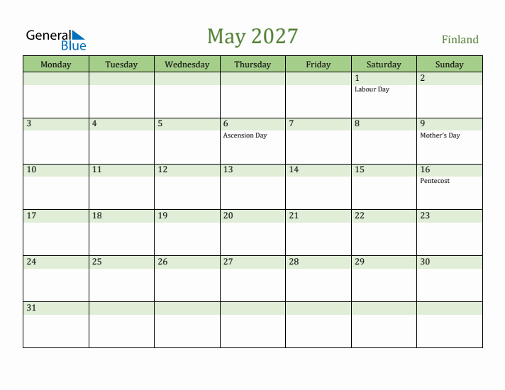 May 2027 Calendar with Finland Holidays