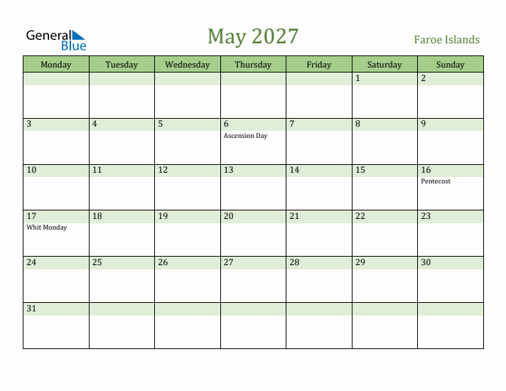 May 2027 Calendar with Faroe Islands Holidays