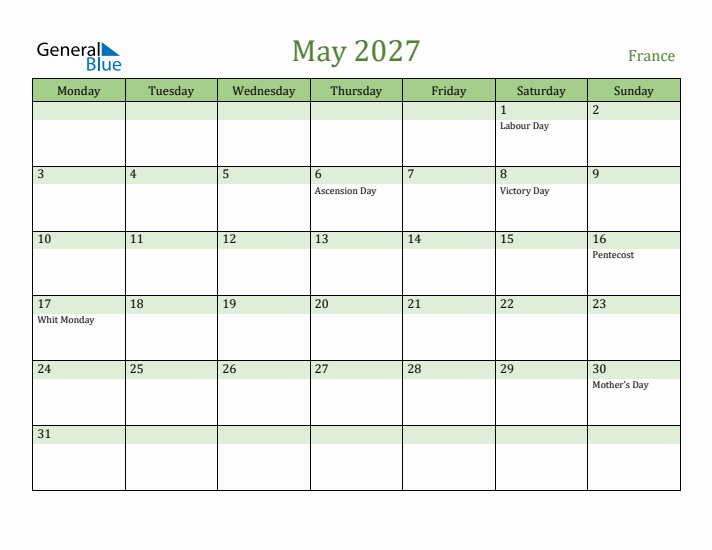 May 2027 Calendar with France Holidays