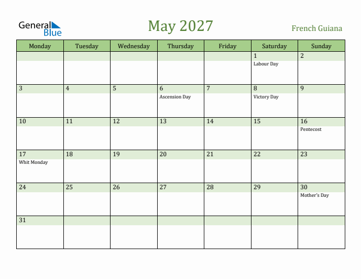 May 2027 Calendar with French Guiana Holidays