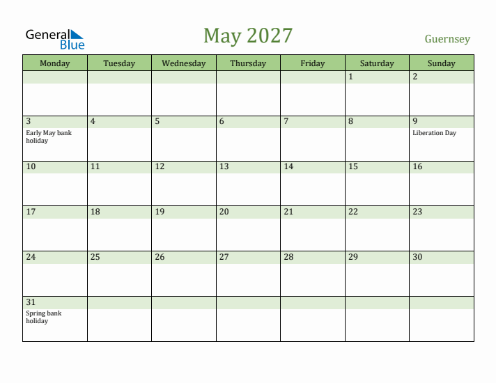 May 2027 Calendar with Guernsey Holidays