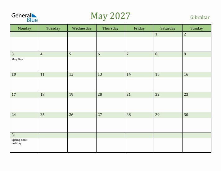 May 2027 Calendar with Gibraltar Holidays